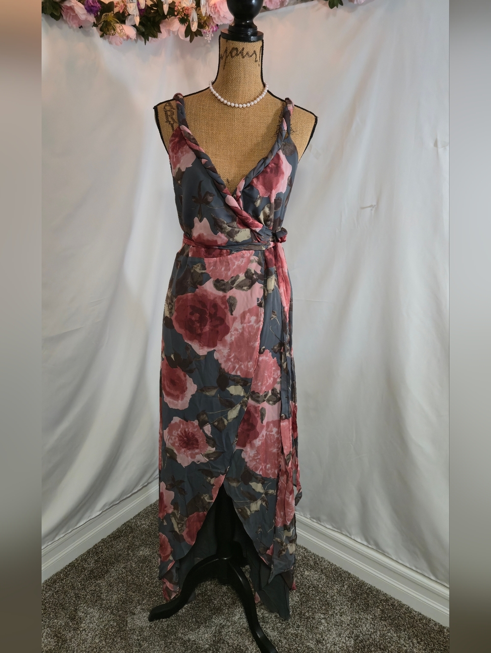 Luxxel Dusty Rose Floral Wrap Maxi Dress on Slate